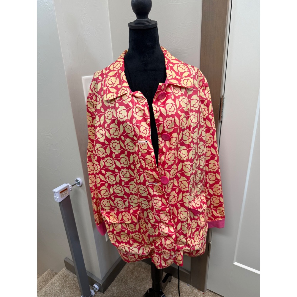 Old Navy Pink Floral Utility Jacket Rain Button Front Pocket Coat Y2K 2000s XXL